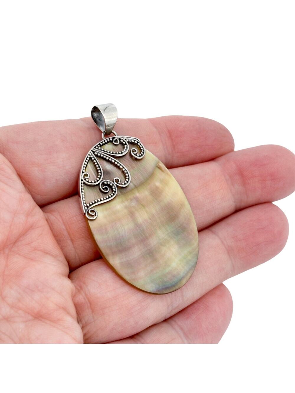 Vintage Sterling Silver 925 Filigree Abalone Oval Pendant